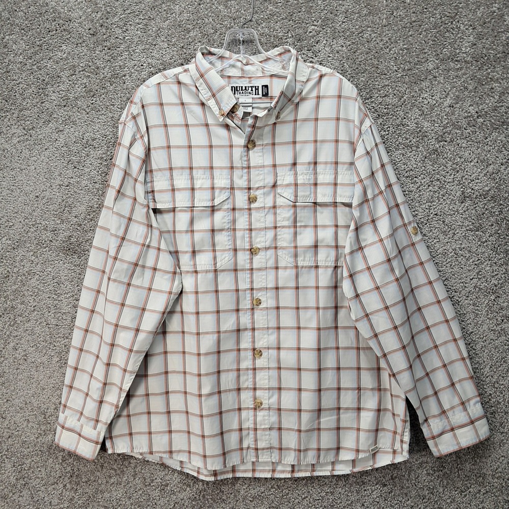 Duluth Trading Co Mens Relaxed Fit Plaid Vented Button Up Shirt Large Untucked